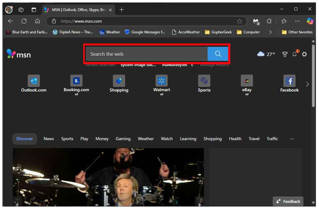 Example of the Search Bar in Microsoft Edge
